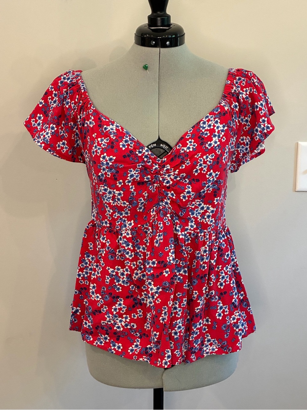 Japna Red Floral V-Neck Tie-Front Blouse